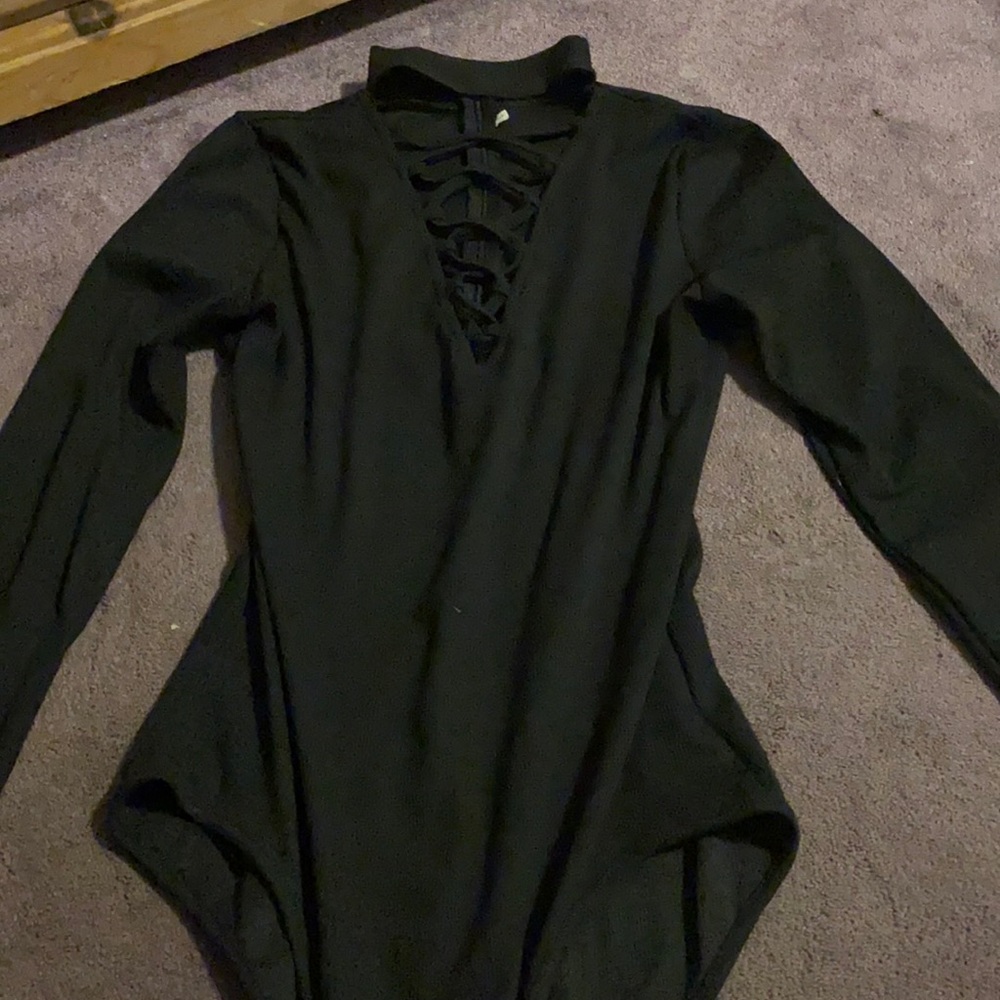 Black Open Chest Bodysuit - Zip Up in back